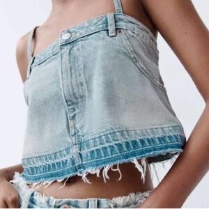 ZARA Denim Jean Cropped Top Spaghetti Strap Blue Wash  Bloggers fave XS
